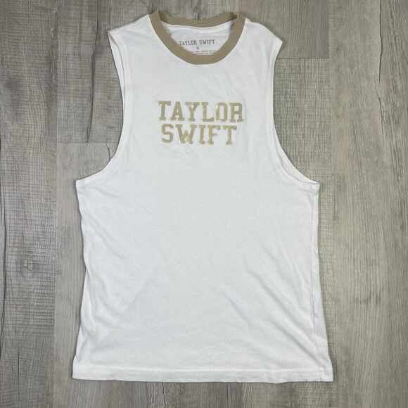 Taylor Swift White Gold Logo Muscle Tank Top Size Small Eras Tour Merch USA J - Picture 1 of 7